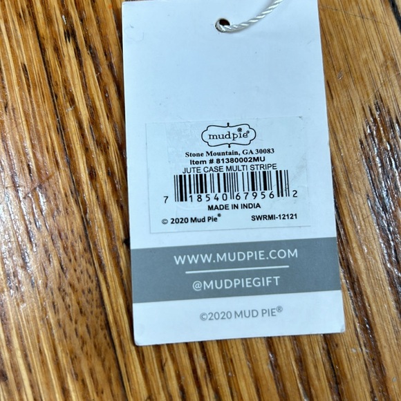 Mud Pie new with tag striped jute bag.  Green, pink, black gold. Pompom tassles. - Picture 8 of 10